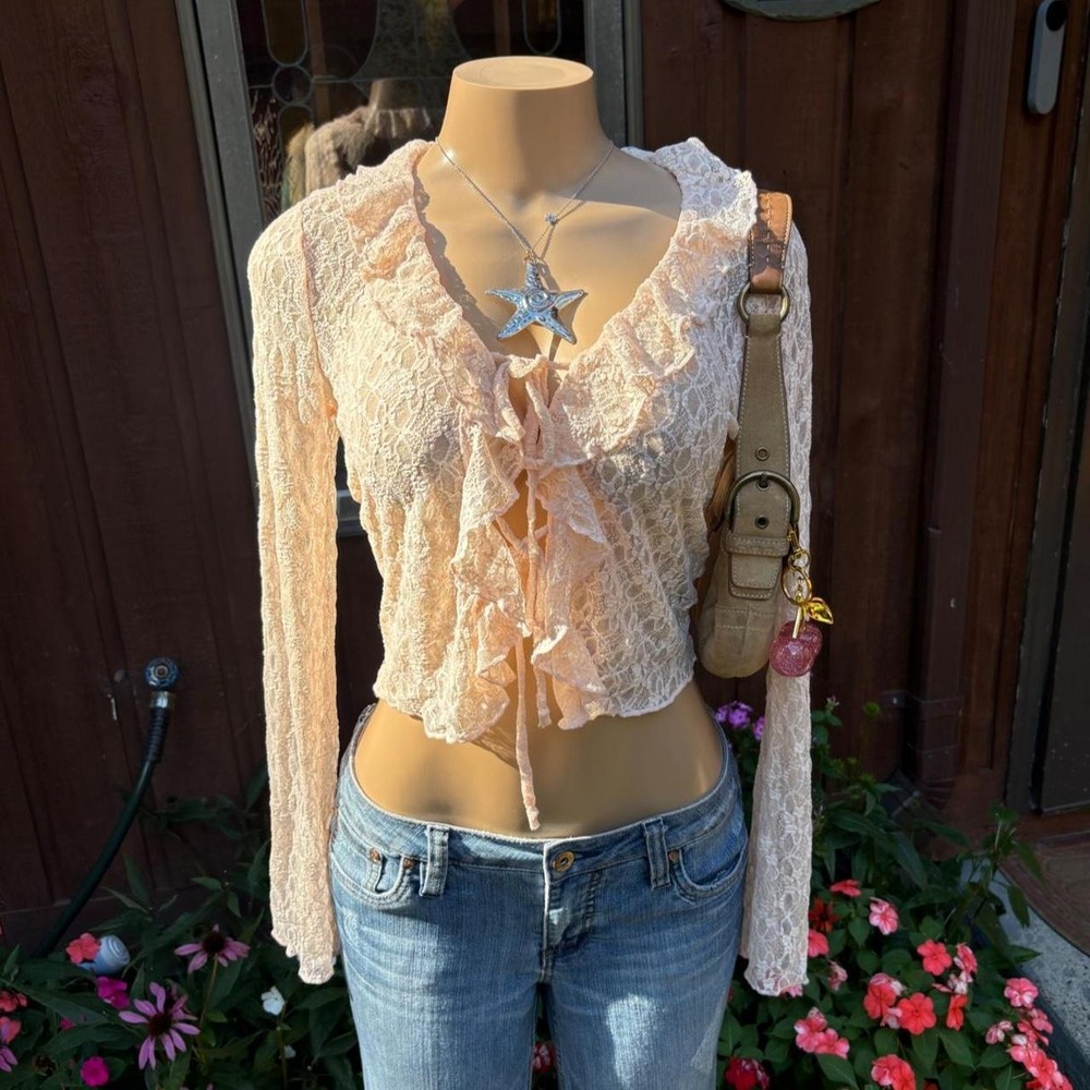 Y2K 2000s pastel pink Lace Ruffle Tie Front Cardigan